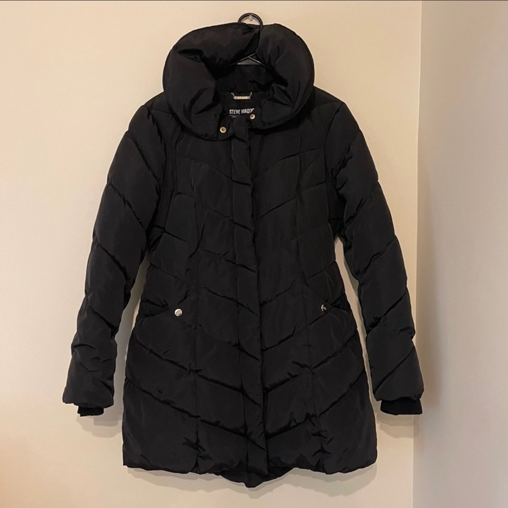 Steve Madden Women's Long Chevron Puffer Jacket Winter with Hood